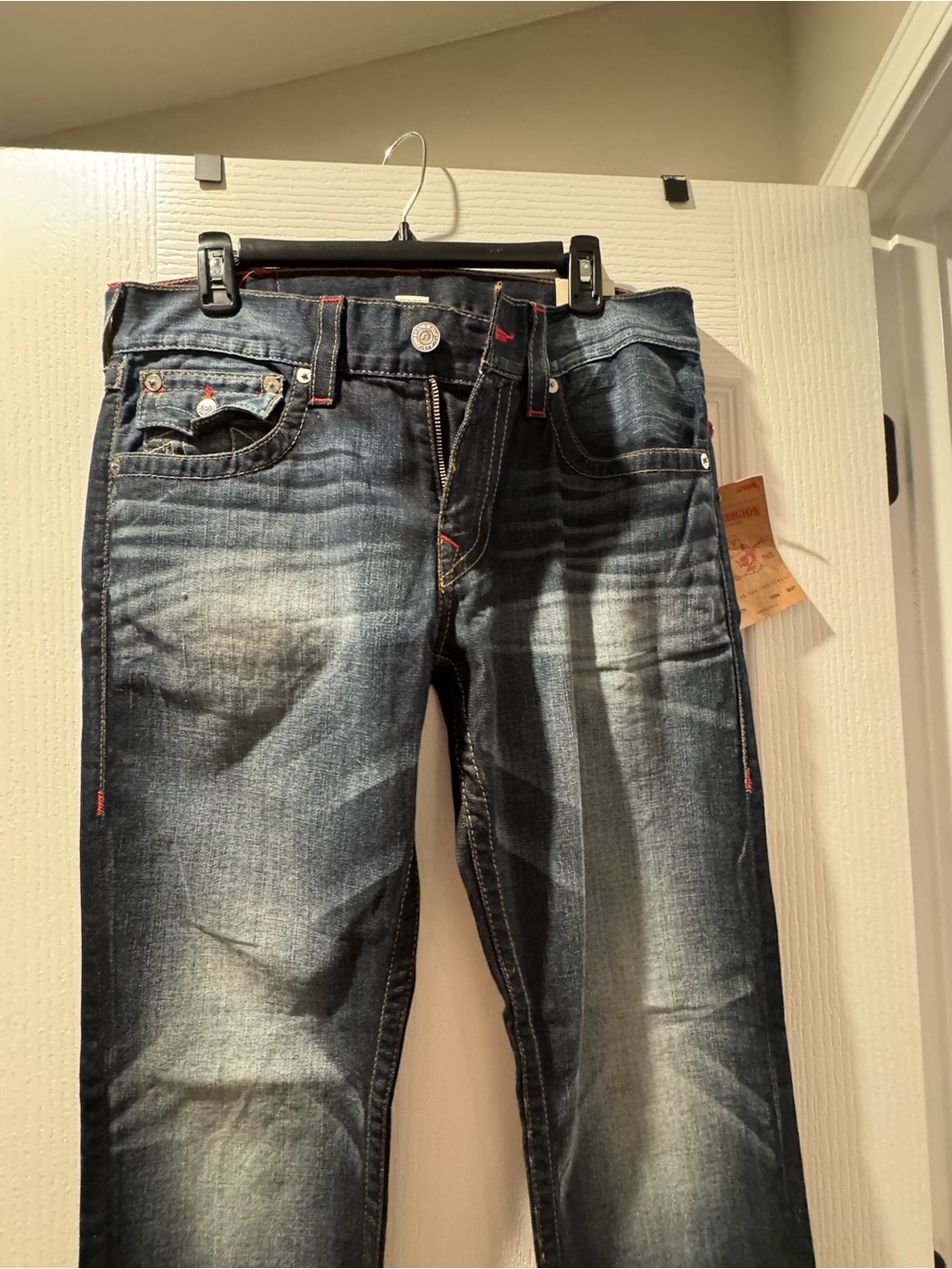 True Religion Men's Faded Blue Slim Straight Jeans with Contrast Stitching
